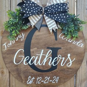 Personalized Wooden Farmhouse Style Door Hanger Holiday Sign with Greenery